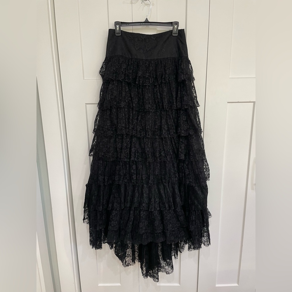 St. John Black Layered Lace Ruffle Tiered Maxi Skirt Bustle Size 4 Vintage